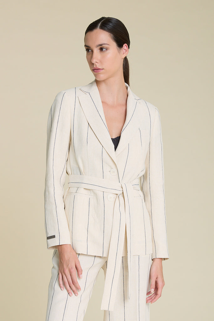 Elegant single-breasted blazer with sash belt in pure linen and lurex pinstripe  
