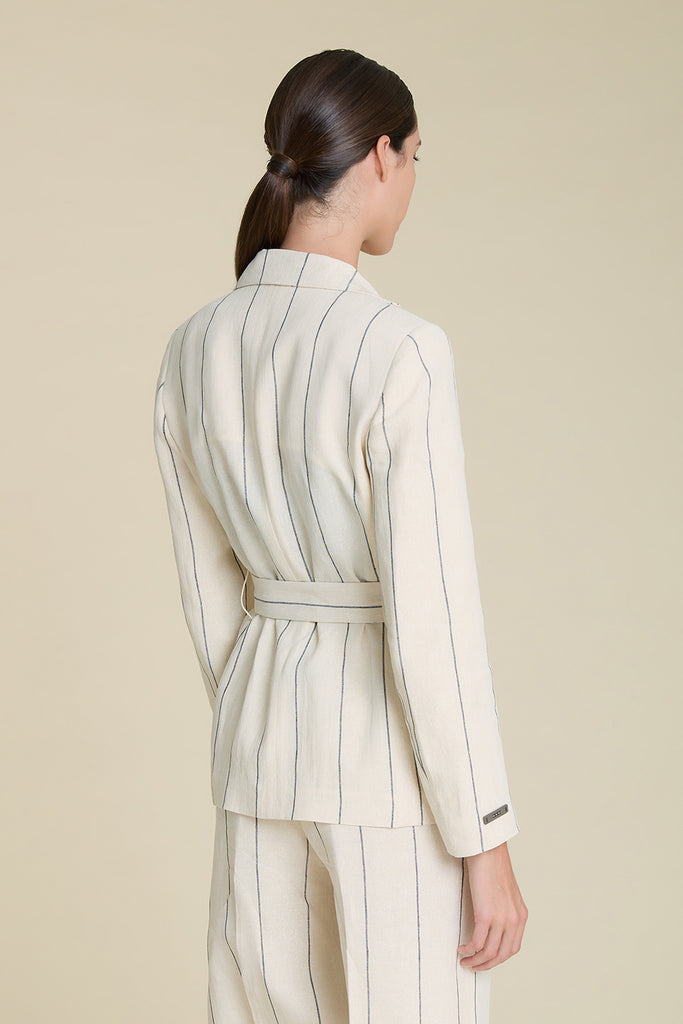 Elegant single-breasted blazer with sash belt in pure linen and lurex pinstripe  