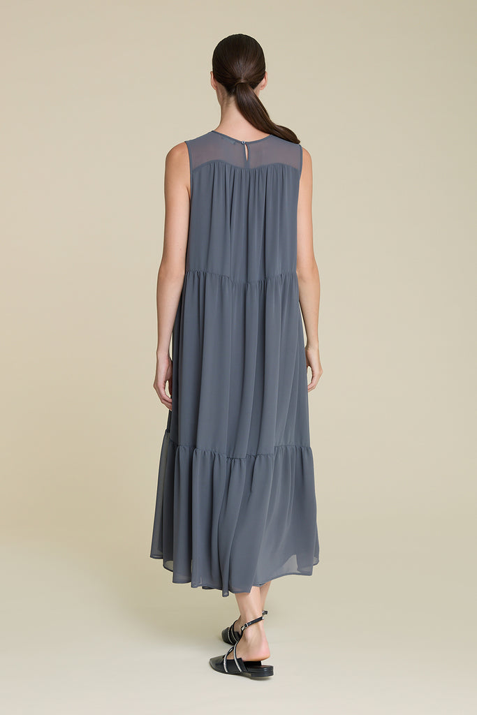 Airy  gauzy flounced dress in light crepe with sparkling chain detail  