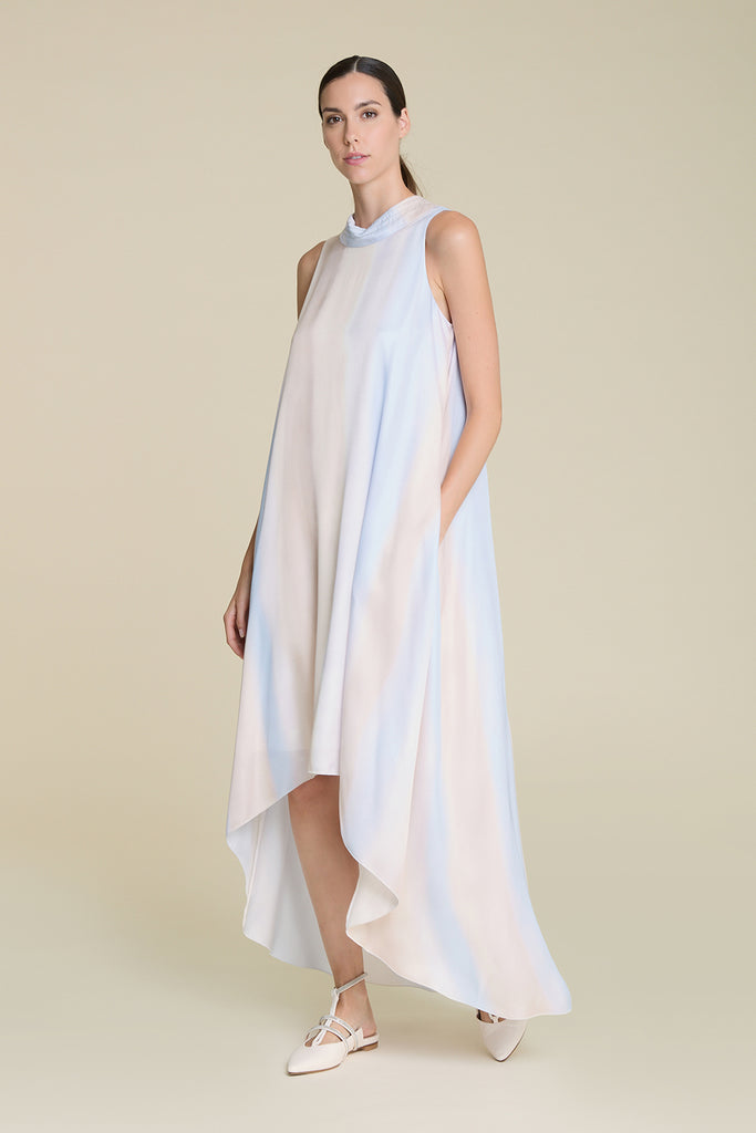 Exquisite asymmetric dress with deep scoop back neck in fluid viscose satin  