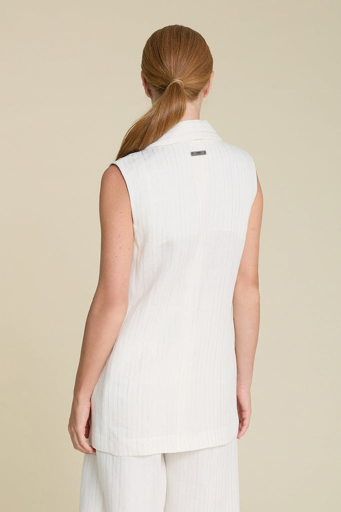 Sleeveless double-breasted blazer in pure linen with silver lurex stripes  