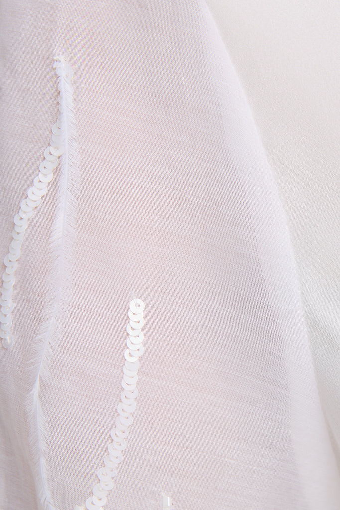Luxurious shirt in silk crepe de chine with sequin  beading and feather embroidered sleeves  
