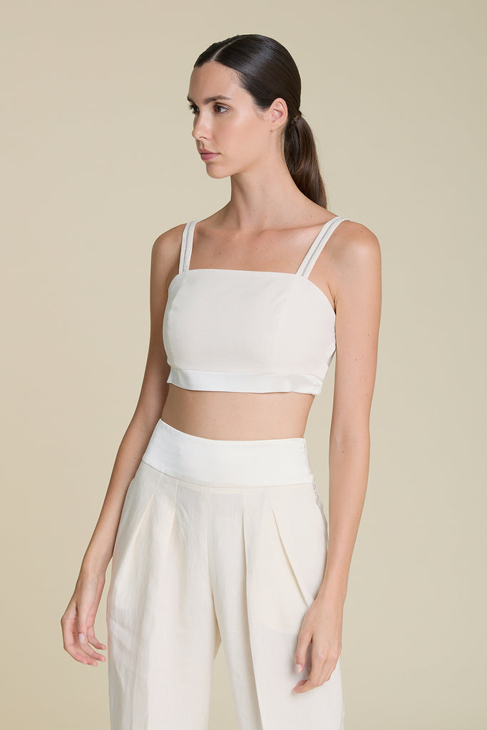Pure linen bustier with exquisite satin and diamond cut chain strip details  