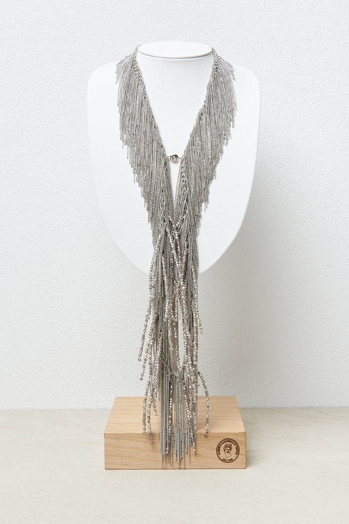 Sparkling  precious long necklace with fringes of diamond cut chain strip and crystals along the entire length  