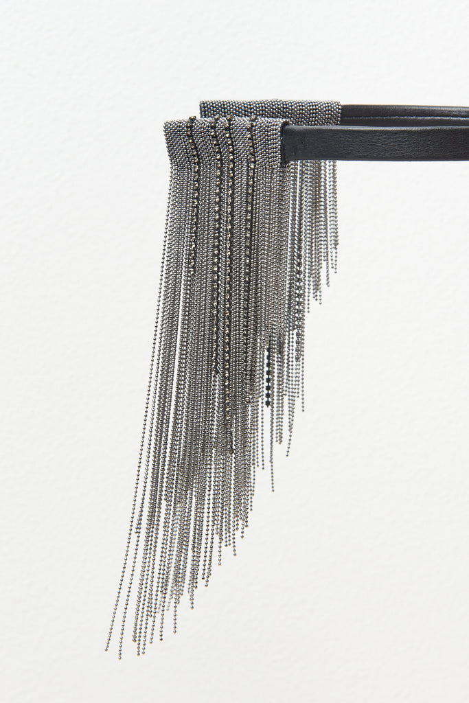 Leather hairband with sparkling fringes of diamond cut chain and rhinestones  
