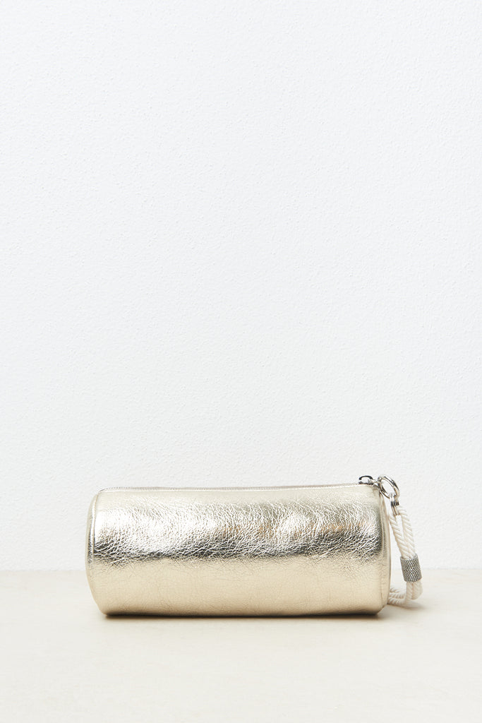Pouch bag in sparkling leather with embroidered Perserico logo and cord wriststrap with cascade of diamond cut chain  