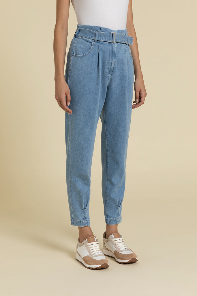High waisted trousers with belt in comfort washed cotton denim  with waist and ankle pleats  
