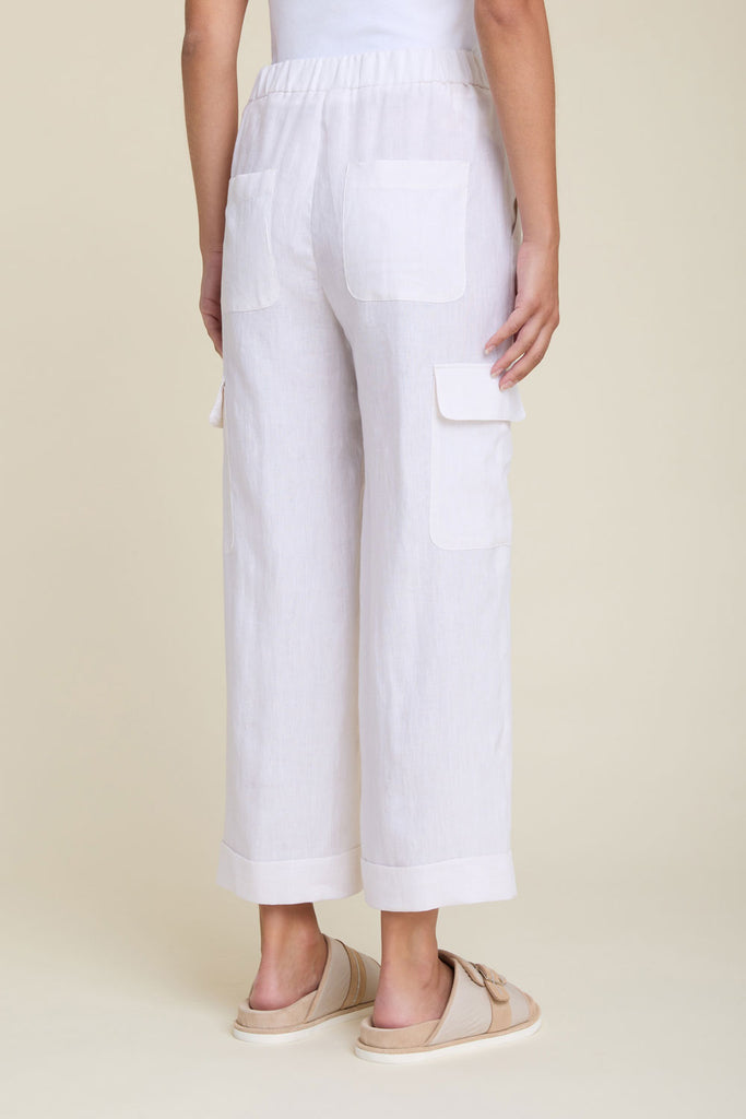 Wide pull-on trousers with cargo drawstring in light pure linen  