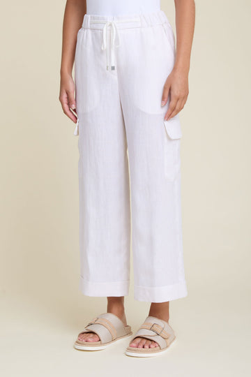 Wide pull-on trousers with cargo drawstring in light pure linen  