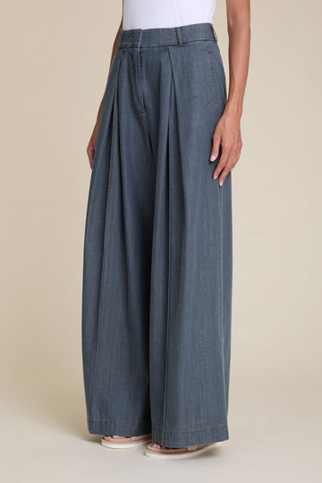 Extra-wide trousers with stitching and maxi pleats in light indigo washed cotton  