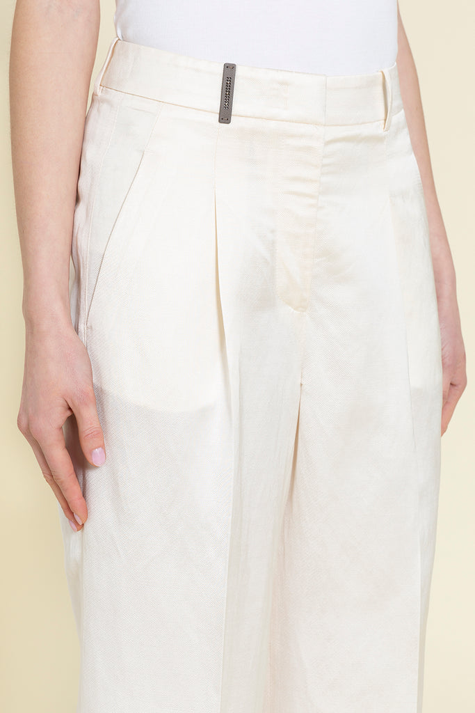 Elegant palazzo pants with pleats in glossy linen and viscose satin  