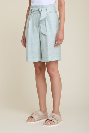 High waisted wide shorts with tie belt in melange linen  