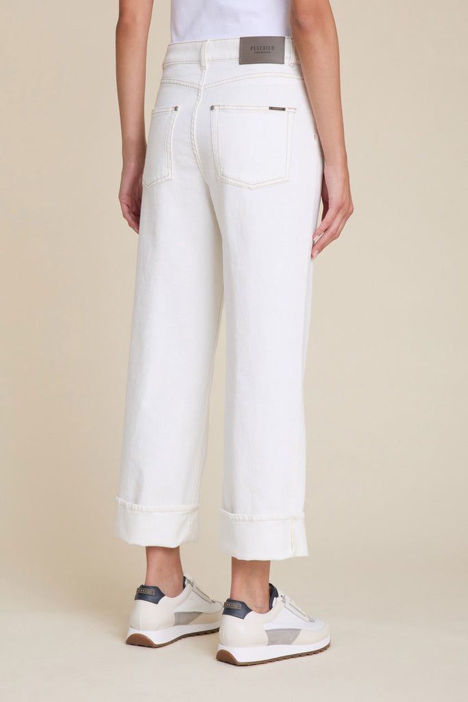 Wide jeans with maxi turn-up in ecru soft cotton drill  