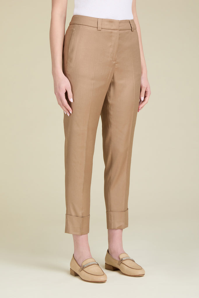 Slim trousers with deep turn-ups in light comfort linen blend gabardine  
