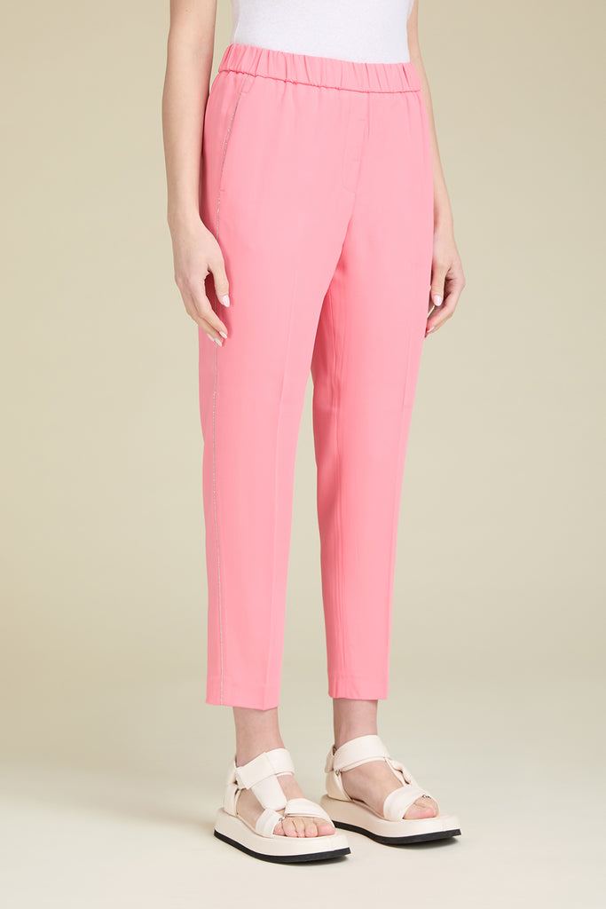 Slim pull-on trousers in fluid comfort viscose cady with diamond cut chain trim  