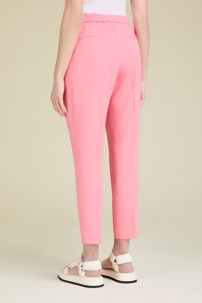 Slim pull-on trousers in fluid comfort viscose cady with diamond cut chain trim  
