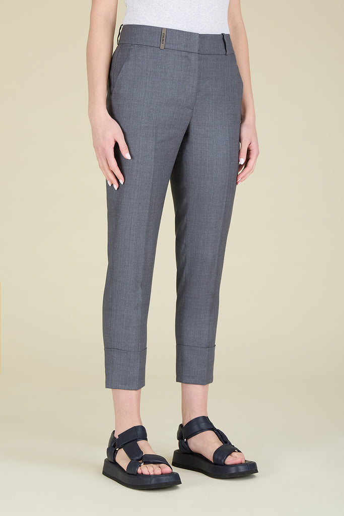 Slim tailored trousers with maxi turnup in slubbed wool and linen blend  