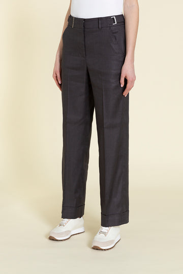 Trousers with adjustable waist in stretch linen viscose gabardine  