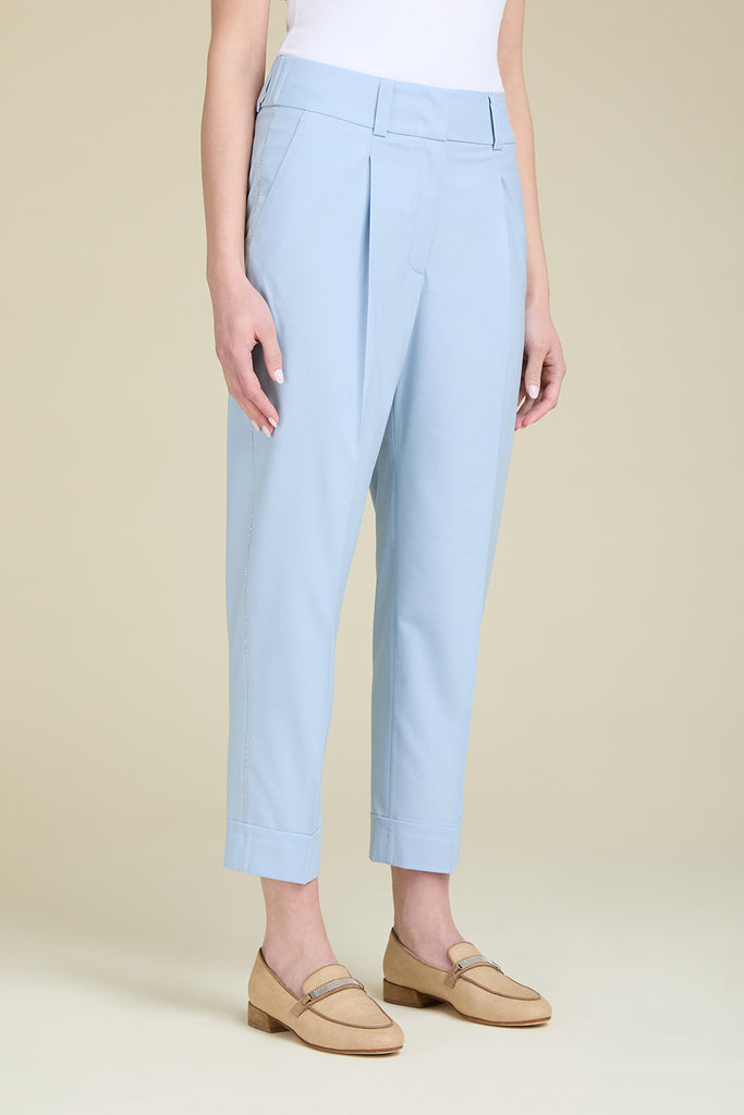 Trousers with 1 pleat in technical viscose fabric with diamond cut chain trim  