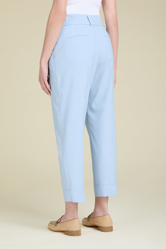 Trousers with 1 pleat in technical viscose fabric with diamond cut chain trim  