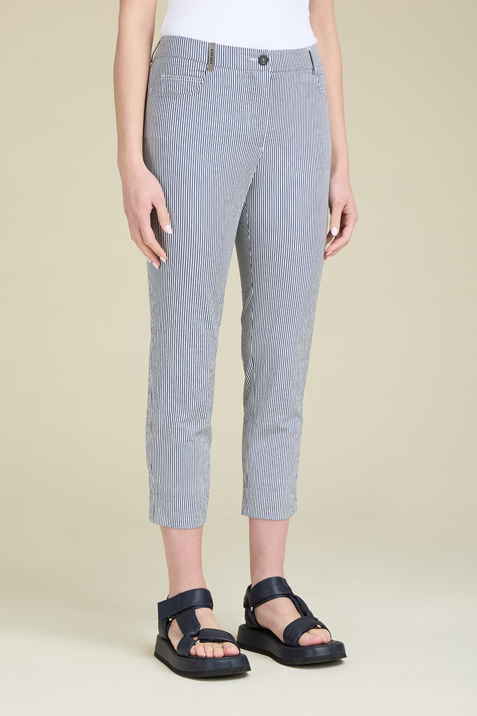 Slim trousers with contrast stitching in cool striped comfort cotton  seersucker  