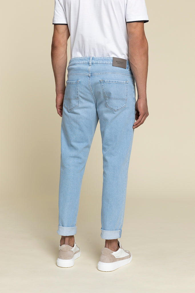 Five pocket jeans in medium wash comfort cotton denim  regular fit  