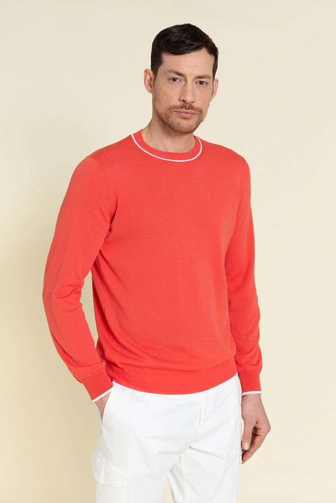 CREWNECK SWEATER IN COTTON CREPE YARN WITH CONTRASTING STRIPE TRIM  