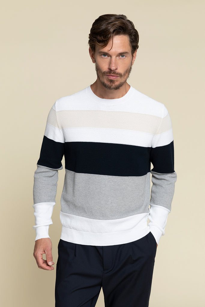 STRIPED CREWNECK SWEATER IN PURE COTTON YARN KNITTED IN RUSH STITCH  