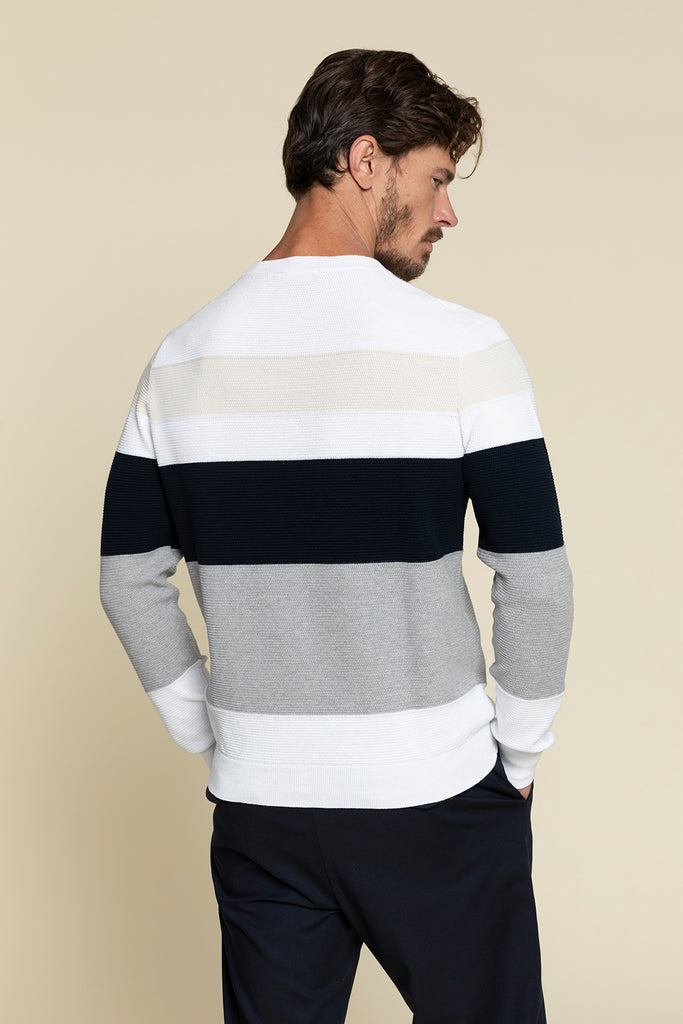 STRIPED CREWNECK SWEATER IN PURE COTTON YARN KNITTED IN RUSH STITCH  