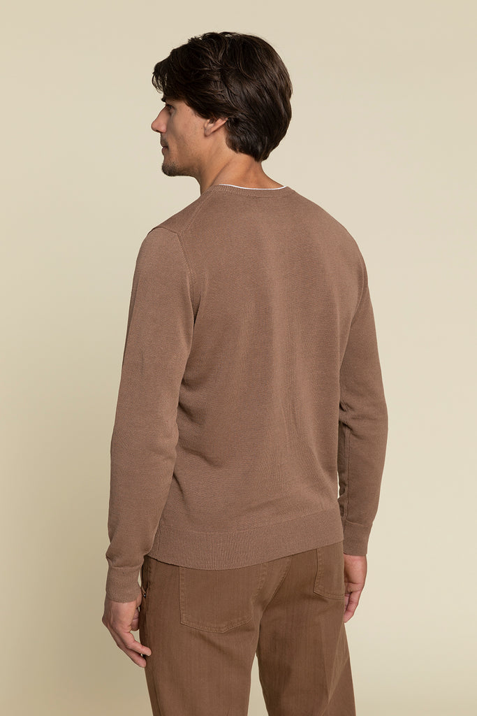 CREWNECK SWEATER IN COTTON AND LINEN YARN KNIT WITH CONTRASTING DETAIL  