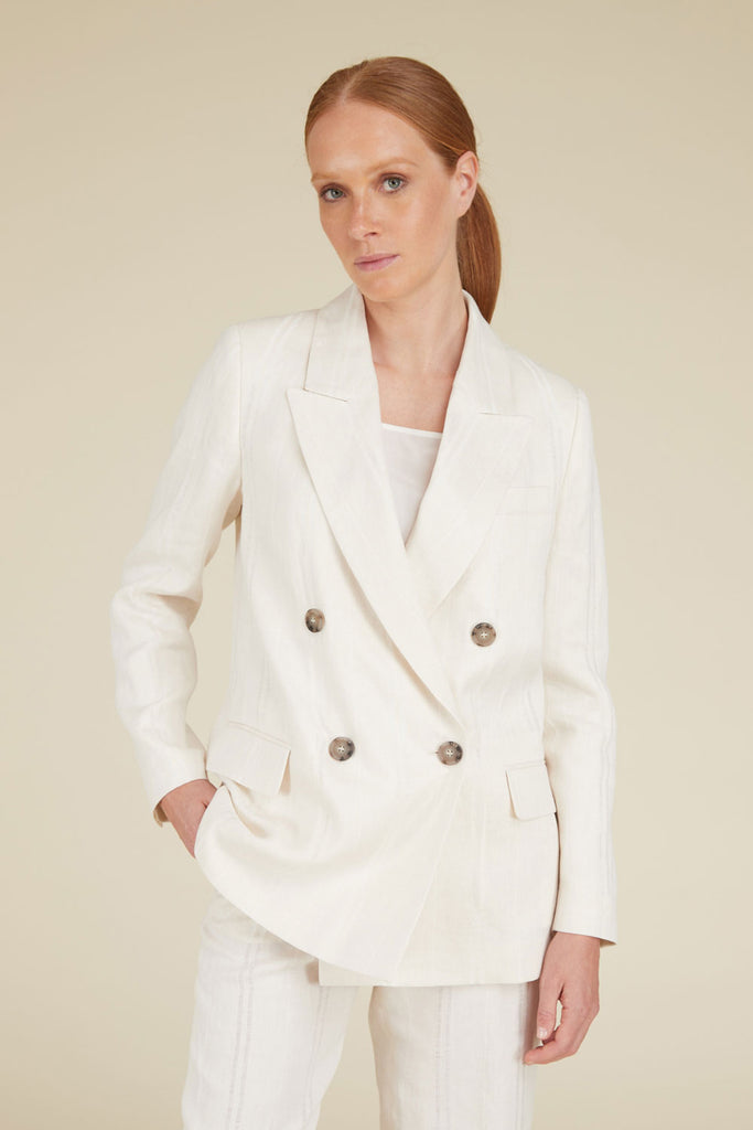 Straight double-breasted blazer in linen and silk blend with sheer stripes  