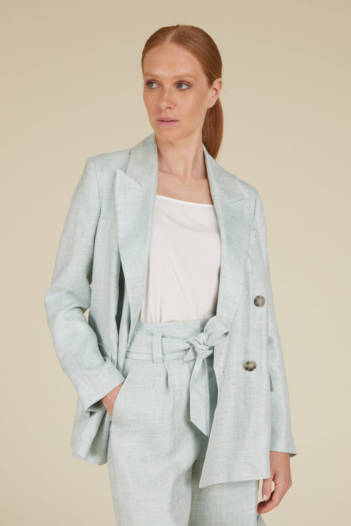 Straight double-breasted blazer in luminous melange linen  