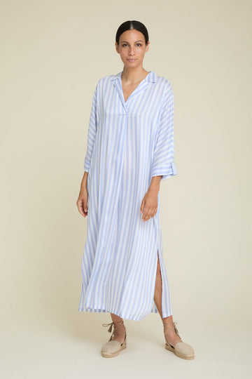 Fluid tunic with lapel collar in exquisite striped silk voile  