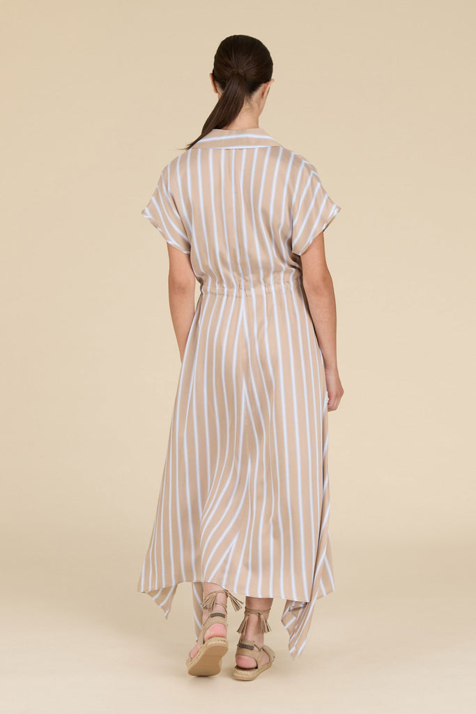 Long dress with wide lapel collar in fluid striped viscose and silk voile  