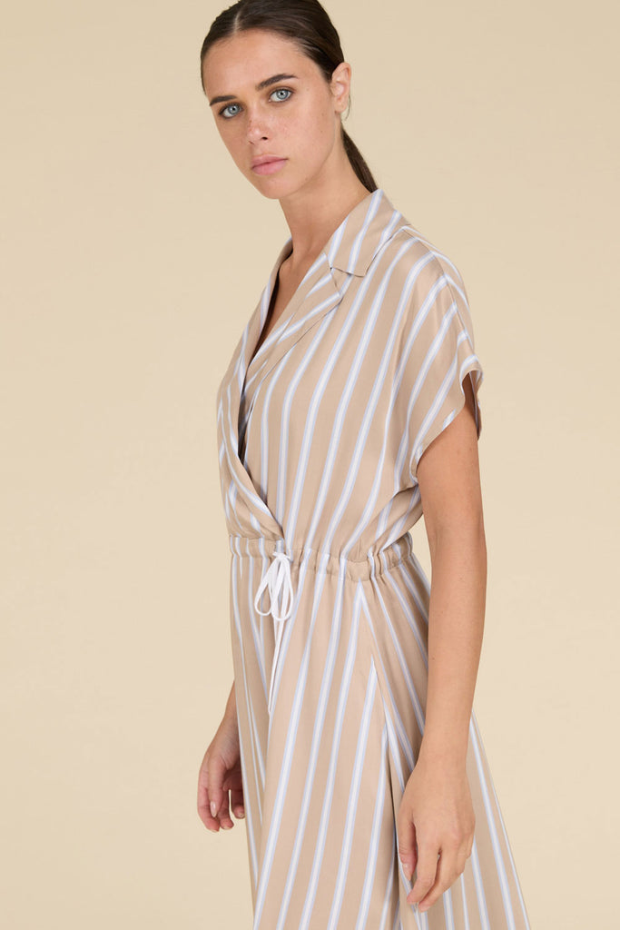 Long dress with wide lapel collar in fluid striped viscose and silk voile  