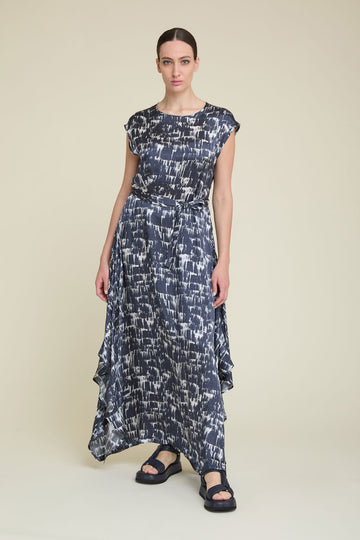 Belted dress in light viscose and cupro voile with Brushstrokes print  