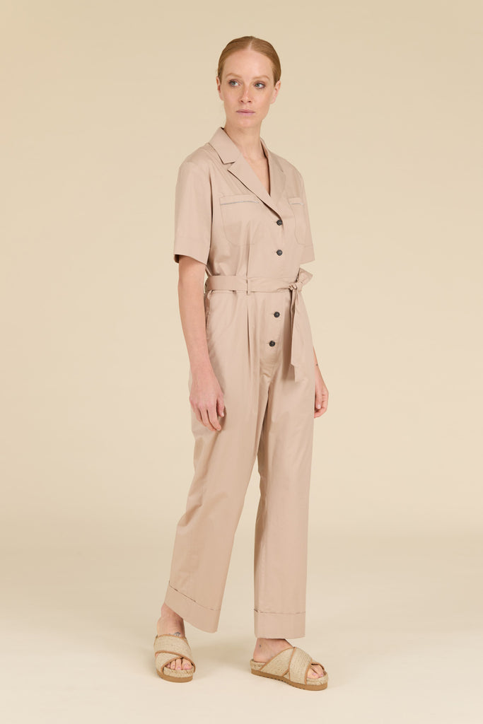 Light jumpsuit with lapel collar in luminous comfort cotton satin  with diamond cut chain trim on pockets  