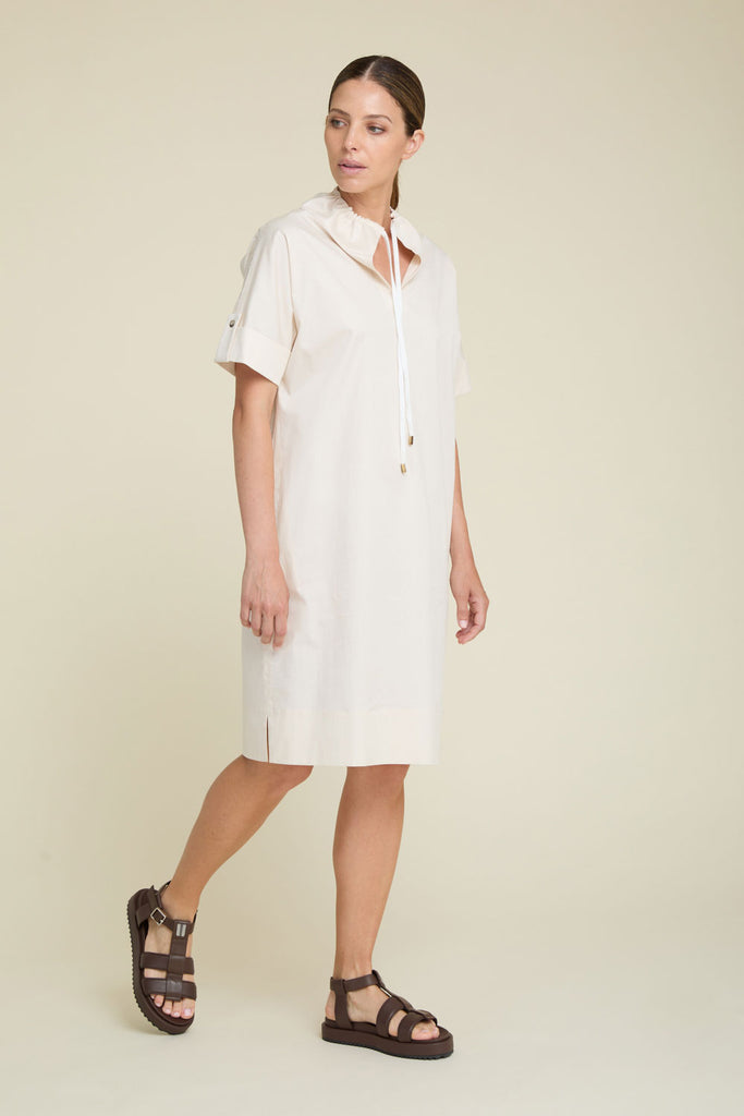 Casual dress with drawstring neck and tabs on the sleeves in luminous comfort cotton satin  
