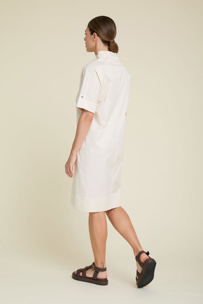 Casual dress with drawstring neck and tabs on the sleeves in luminous comfort cotton satin  