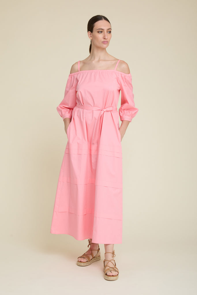 Long dress with Show Off shoulders in luminous comfort cotton satin  