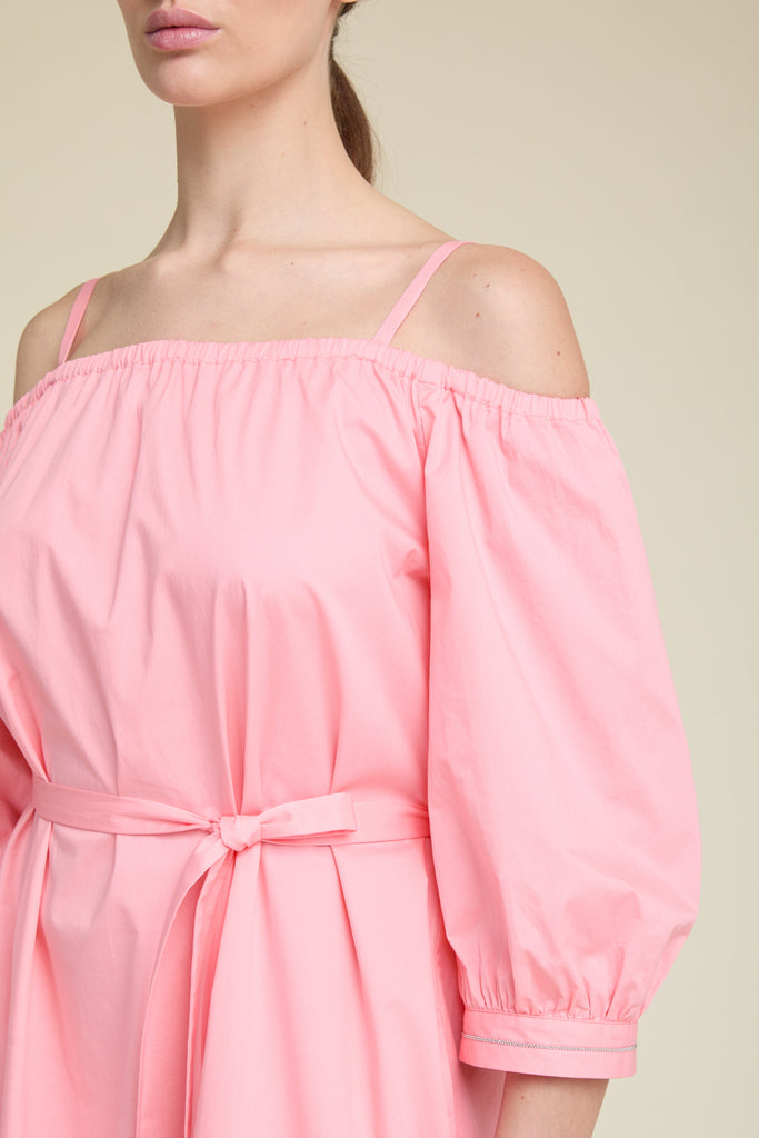 Long dress with Show Off shoulders in luminous comfort cotton satin  