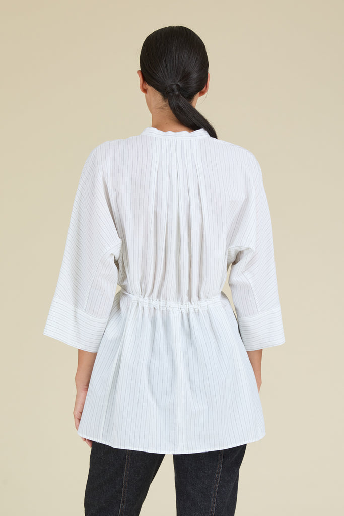 Roomy shirt in elegant micro-stripe pure cotton with drawstring waist  