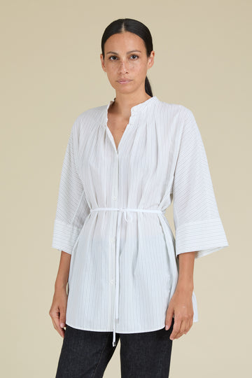Roomy shirt in elegant micro-stripe pure cotton with drawstring waist  