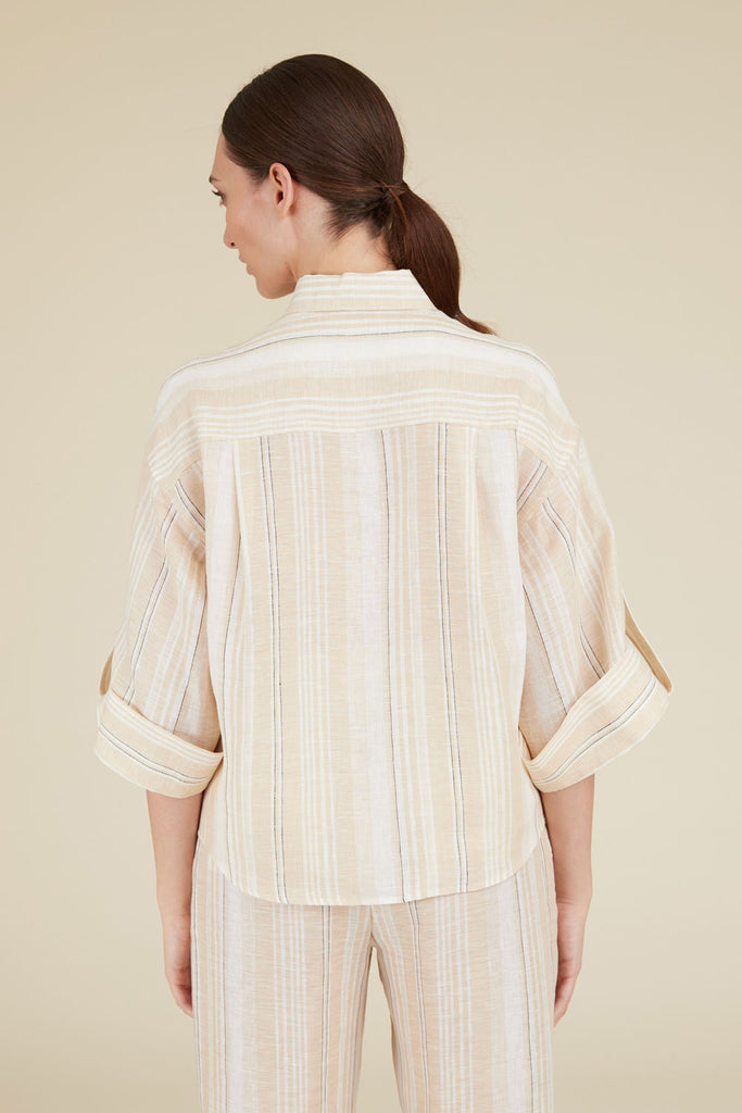 Cropped shirt in striped pure linen with 3/4 sleeves embellished with diamond cut chain tabs  