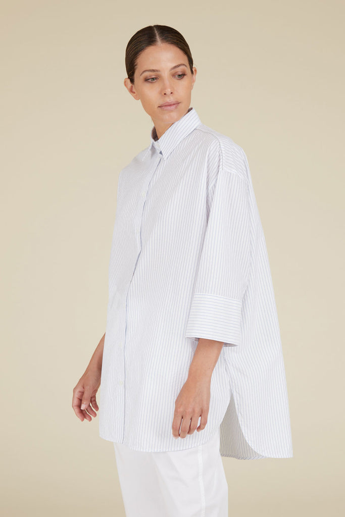 Wide shirt with 3/4 sleeves in striped pure  cotton poplin  
