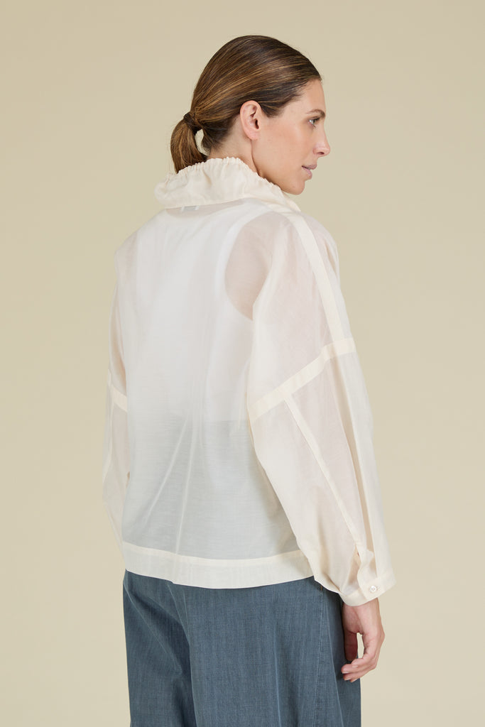 Casual shirt with gathered collar in opaque organza-silk blend with diamond cut chain trim on neckline  