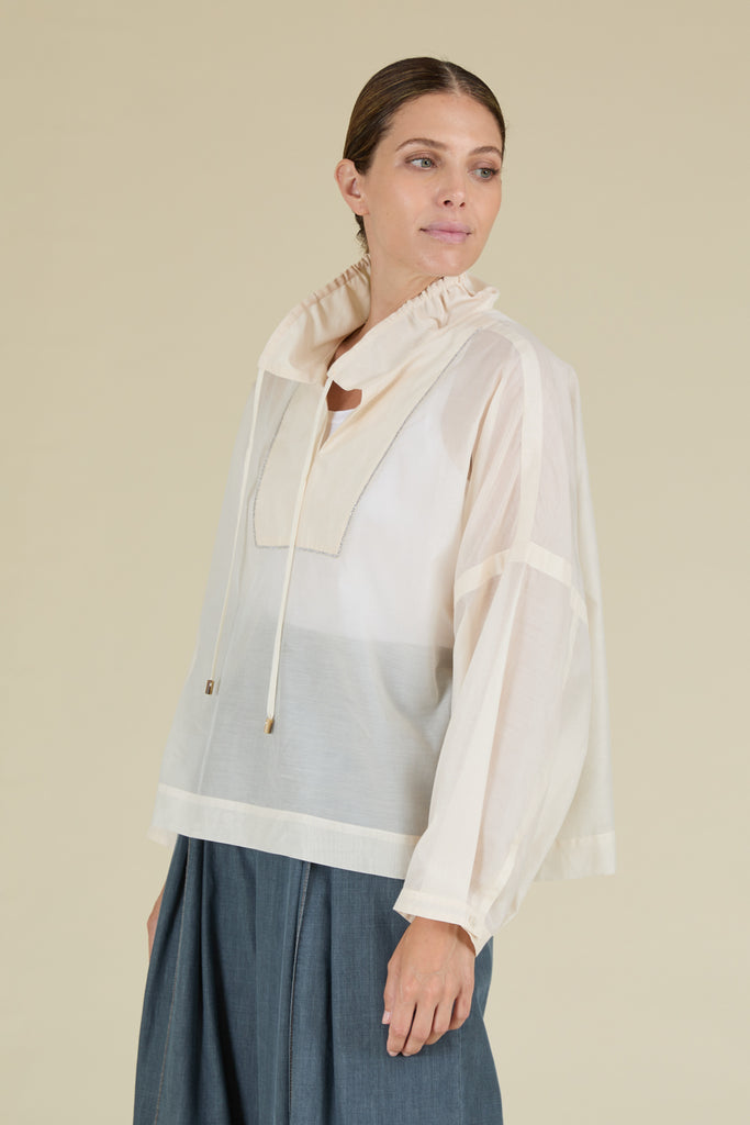 Casual shirt with gathered collar in opaque organza-silk blend with diamond cut chain trim on neckline  