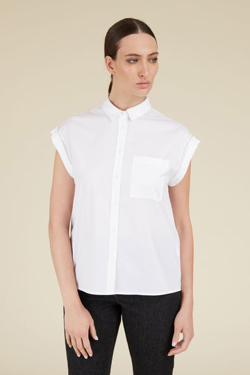 Sleeveless shirt in comfort cotton poplin with diamond cut chain trim around armholes  