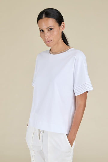 Top in Microdream pure cotton jersey with knit collar and lines of diamond cut chain trim on the sleeves  