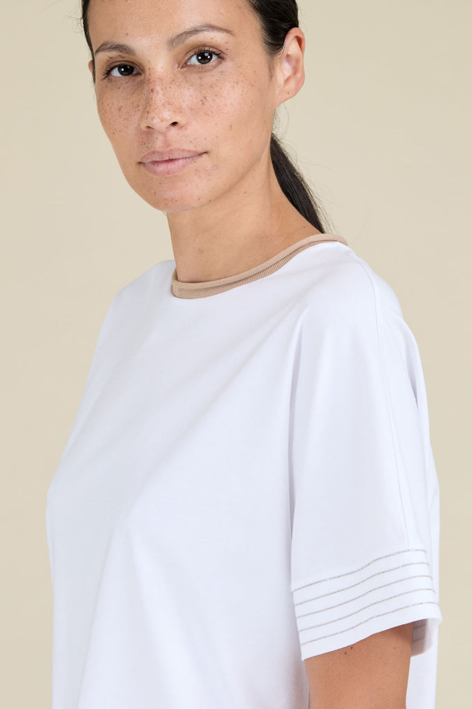 Top in Microdream pure cotton jersey with knit collar and lines of diamond cut chain trim on the sleeves  
